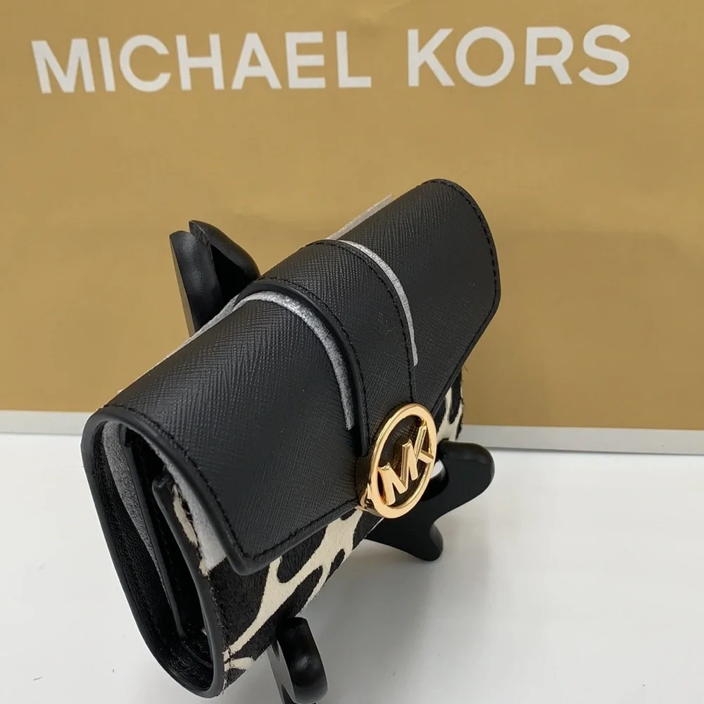 MICHAEL KORS Carmen Medium Flap Bifold Faux Fur-Leather Wallet BLACK COLOR